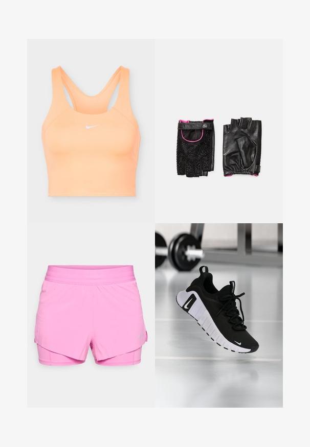 Sports-bh fra Nike i ferskenfarve med racerback-design og hvid Nike swoosh-logo midt på fronten.; Lyserøde lagdelte træningsshorts med indre kompression, elastisk talje og lille grå Nike-logo på højre side.; Sort atletiksko med en tekstureret stofoverdel, hvid sål og fremtrædende snøresystem. Indeholder en Nike-logo og et blødt, polstret design.; Sorte handsker med lyserøde accenter; den ene har et tekstureret perledesign, mens den anden er glat læder med fingerløs konstruktion.