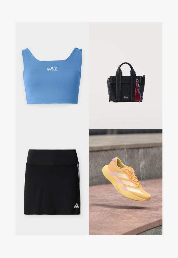 Μπλε crop top κατασκευασμένο από λείο, ελαστικό ύφασμα. Διαθέτει τετράγωνο ντεκολτέ και λογότυπο τυπωμένο σε λευκό στο μπροστινό μέρος. Σχεδίαση χωρίς ραφές.; Μαύρη αθλητική φούστα με φαρδύ τελείωμα στη μέση, διακριτικές πλαϊνές ρίγες και μικρό λογότυπο Adidas στο κάτω δεξί τελείωμα.; Ελαφρύ αθλητικό παπούτσι τρεξίματος σε κίτρινο με ροζ λεπτομέρειες, διαθέτοντας υφασμάτινο επάνω μέρος με υφή, λευκές ρίγες και μαλακό, επενδεδυμένο πέλμα.; Μαύρη γυναικεία τσάντα DKNY Jeans με διπλές λαβές, αποσπώμενο λουράκι ώμου και κόκκινο μπρελόκ σε σχήμα καρδιάς σε λευκό φόντο.
