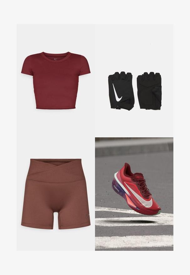 Μπορντό κοντομάνικο crop top φτιαγμένο από λείο ύφασμα με στρογγυλή λαιμόκοψη. Μινιμαλιστικός σχεδιασμός, χωρίς ορατά λογότυπα ή μοτίβα.; Καφέ αθλητικό σορτς με ψηλή μέση και σχεδιασμό με διασταυρούμενο μπροστινό μέρος. Κατασκευασμένο από λείο, ελαστικό υλικό. Διαθέτει μικρό λογότυπο στο πλάι.; Κόκκινο αθλητικό παπούτσι Nike ZoomX με λευκό σημάδι Swoosh, μωβ φτέρνα και κορδόνια, αιωρούμενο πάνω από άσφαλτο με λευκές οδικές σημάνσεις.; Μαύρα γάντια γυμναστικής χωρίς δάχτυλα κατασκευασμένα από αναπνεύσιμο ύφασμα, με λευκό λογότυπο Nike, μαξιλαρωμένα παλάμες και ανοιχτό σχέδιο καρπού για ευελιξία.