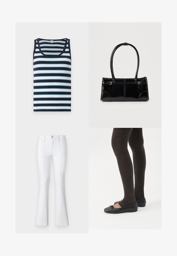 Stribet tanktop med ribbet tekstur, med mørkeblå og lyseblå horisontale striber, rund halsudskæring og mørk kant.; Hvide denim flare jeans med høj talje, der har kontrastsyninger, forlommer og lynlås. Glat, holdbart stof med god tekstur.; Ben iført mørke ribbede leggings kombineret med sorte balletsko med små sløjfedetaljer på hvid baggrund.; Glansfuld sort rektangulær håndtaske med to tynde skulderremme og små guldbeslag foran.