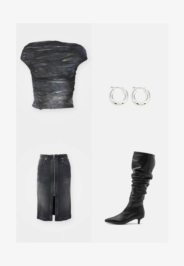 Sort, gennemsigtig top med et tekstureret, lagdelt design med horisontale udsparinger. Materialet ser let ud med subtile farvevariationer.; Sort denimnederdel med en frontlynlås, to sidelommer, mellemlangt design og subtilt slid. Har en lige skæring og kantede kanter.; RAID ALINNA - Høje støvler/ Støvler - black; Sølv hoop-øreringe med en poleret finish, der har en cirkulær form og en hængslet lukning. Glat tekstur med minimal detaljering.