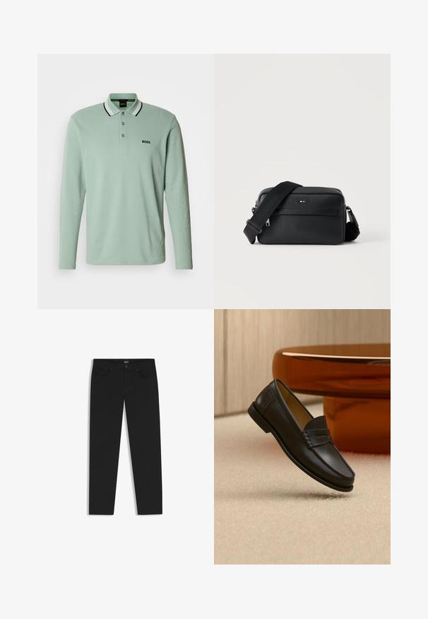 Vaaleanvihreä pitkähihaisen poolopaidan puuvilla, jossa mustavalkoraidallinen kaulus ja pieni musta "BOSS"-logo rinnassa.; Musta farkkuhousut slim fit -mallilla, joissa on etutaskut, nappi- ja vetoketjusuljenta sekä BOSS-brändilogo vyötärönauhassa.; Musta nahkainen loafers-kenkä roikkuu beigen maton yläpuolella, taustalla meripihkan väristä modernia huonekalua.; Musta, teksturoidusta nahasta valmistettu crossbody-laukku, jossa etutasku vetoketjulla ja säädettävä leveä kangashihna valkoisella taustalla.