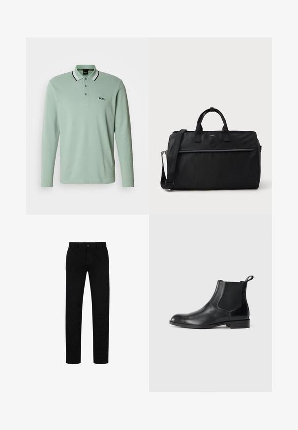 Langärmeliges Poloshirt aus hellgrünem Baumwollstoff, mit einem schwarz-weiß gestreiften Kragen und einem kleinen schwarzen "BOSS"-Logo auf der Brust.; Schwarze Baumwollhosen mit geradem Schnitt, featuring einen Knopfverschluss, Gürtelschlaufen und minimalistischem Design. Glatte Textur, ohne Muster.; Schwarze Leder-Stiefelette mit elastischen Seiteneinsätzen, abgerundeter Zehenpartie und einem Zugschlauf. Glatte Textur, flache Sohle, minimalistisches Design.; Schwarze rechteckige Reisetasche mit zwei Griffen, verstellbarem Schultergurt, vorderer Zippertasche und kleinem "BOSS"-Logo auf der Vorderseite.