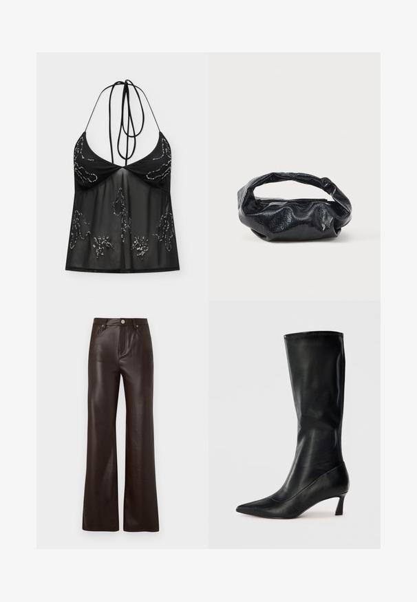 Sort haltertop med gennemsigtigt stof og palietblomstermønstre, med tynde stropper, der bindes i nakken, og et tætsiddende brystområde.; Vero Moda Wide-leg VMTESSA High rise - Bukser - chocolate torte; Sorte læderknæhøje støvler med spidse tæer og en modest hæl. Glat tekstur og slankt design med subtile syninger.; Sort taske lavet af blankt, tekstureret materiale med et cirkulært, snoet håndtag og lynlås. Har et blødt, rynket design.
