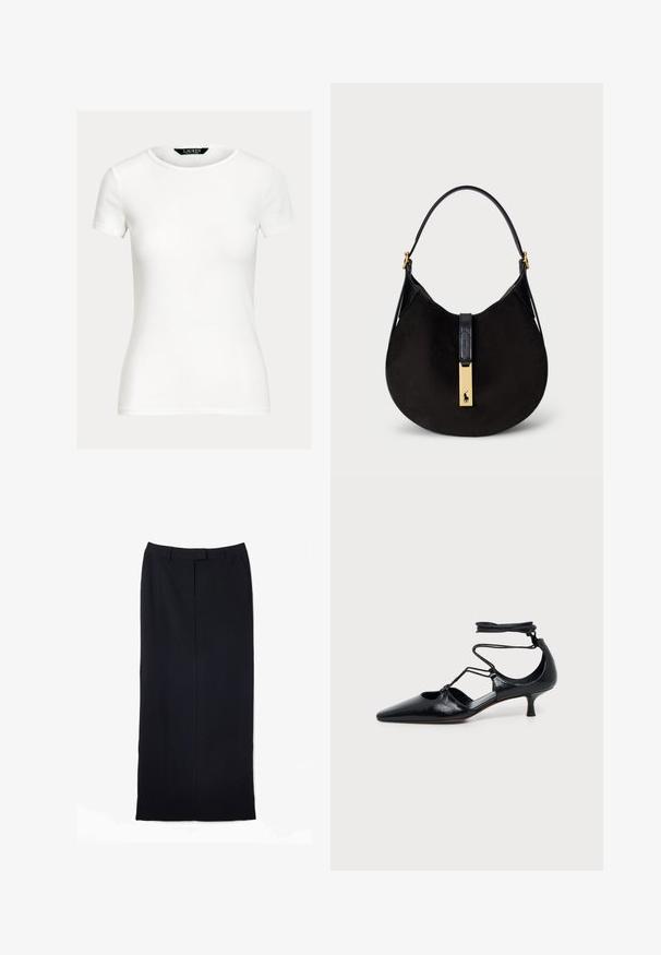 Lihtne valge lühikeste varrukatega keha vormiv T-särk ümara kaelusega ja Lauren Ralph Lauren sildiga krae sees.; Mustast sirgjoonest, pikast seelikut, mis on valmistatud sileda kangast, millel on vöökoht, kaks küljetaskut ja puhas viimistlus ilma nähtavate mustriteta.; Must terava ninaga madala kontsaga „kitten heel“ kinga, millel on pahkluuümbrised ja külgedel lõikega detailid, kujutatud ühel ühevärvilisel heledal taustal.; Must musta õlakott, millel on kõver kuju, sile must nahast rihm ja kuldse tooni metalldetail, kus on logo.