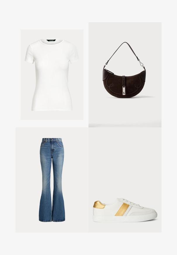 Camiseta blanca lisa y ajustada de manga corta con cuello redondo y etiqueta de Lauren Ralph Lauren en el interior del cuello.; Vaqueros de mezclilla azul de talle alto con piernas acampanadas y ligero desgaste en la zona delantera del muslo, mostrados sobre fondo blanco.; Zapatillas blancas de material sintético, con una franja metálica dorada y un acento en el talón, y una suela de goma texturizada.; Bolso de ante de color marrón oscuro en forma de media luna con ribete trenzado, correa de cuero y un cierre plateado con un pequeño logo de caballo.
