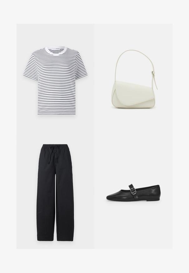 Camiseta blanca con rayas horizontales negras, cuello redondo, mangas cortas y un corte relajado. Material de algodón, diseño sencillo.; Pantalones de pierna ancha negros, hechos de una tela suave, que presentan una cintura elástica con cordón y sin patrones ni acentos visibles.; Zapato plano de cuero negro con punta redondeada, una sola correa ajustable con hebilla y una textura suave y brillante. Diseño minimalista con un tacón bajo.; Bolso de mano de imitación cuero blanco con una forma triangular estructurada, correa ajustable única y cierre con solapa acentuada en curva.