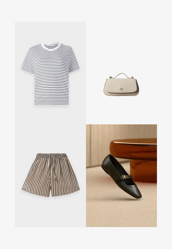 Camiseta blanca con rayas horizontales negras, cuello redondo, mangas cortas y un corte relajado. Material de algodón, diseño sencillo.; Pantalones cortos a rayas con cintura elástica, con líneas verticales en beige y azul marino. Tela suave, diseño informal y detalle de lazo en la parte frontal.; Zapato plano de cuero negro con puntera puntiaguda y logo dorado de CK en la correa, colocado sobre una alfombra beige cerca de una mesa redonda marrón ámbar.; Pequeño bolso de mano de cuero beige con asa superior y logo plateado de CK en la solapa frontal, mostrado sobre un fondo blanco.