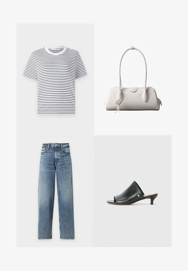 T-shirt blanc avec des rayures horizontales noires, encolure ronde, manches courtes et coupe décontractée. Matériau en coton, design simple.; Jeans en denim bleu clair avec une coupe droite, taille haute et un léger délavage. Comprend cinq poches et une fermeture à bouton.; Mules ouverts en cuir noir avec un talon bas. Présentent une surface lisse et un accent logo doré sur le côté.; Sac à bandoulière blanc Calvin Klein avec longues poignées, forme rectangulaire, fermeture éclair et charm logo décoratif suspendu près de la poignée.