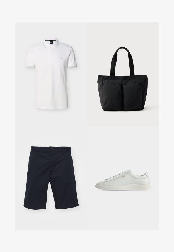 Polo blanc en coton avec une patte de boutonnage à trois boutons, col et poignets de manches rayés vert pâle, et logo brodé sur la poitrine.; Shorts en coton bleu marine avec une fermeture à bouton, coupe droite et poches avant. Présente une texture lisse et un design simple.; Baskets basses blanches en cuir avec lacets, semelle plate et petit logo doré "BOSS" sur le côté, vues de l'extérieur.; Sac fourre-tout noir en tissu doux, avec deux poches avant et des anses robustes. Logo affiché sur le côté. Design simple et fonctionnel.