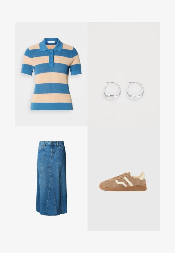 Kortærmet strik polo-shirt med blå og beige vandrette striber, tre knapper samt ribbet krave og manchetter.; Lys blå denimnederdel i knælængde med en tætsiddende talje, knaplukning og frontlommer; har en paneleret design og rå kant.; Brun ruskindsneaker med hvide accentstriber, rund tå, beige inderside og gummiydersål. Snørebånd med tekstureret overflade.; Sølv hoops øreringe med en poleret overflade og DKNY branding, præsenteret mod en simpel hvid baggrund.