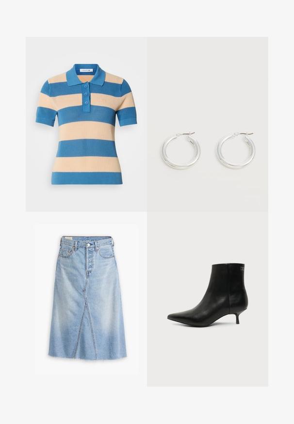 Kortærmet strik polo-shirt med blå og beige vandrette striber, tre knapper samt ribbet krave og manchetter.; Lysblå denimnederdel med lige snit, frontspalte, filt kant, fem lommer og metalhardwaredetaljer.; Sort læder ankelstøvle med spids tå og lav kitten hæl på lys baggrund, der viser yderside.; Par mellemstore skinnende sølv hoops øreringe med tynde metal spænder på en lys neutral baggrund.
