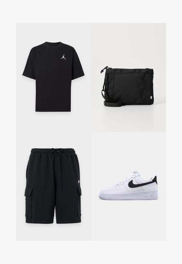 Čierne bavlnené tričko s krátkymi rukávmi, s bielym logom Jumpman na ľavej strane hrude. Okrúhly výstrih, pravidelný strih a hladká textúra.; Čierne bavlnené cargo šortky s elastickým pásom a šnúrkou, vybavené dvoma bočnými vreckami a malým logom ako akcent.; Biele kožené tenisky s textúrovaným čiernym Swooshom, plochými šnúrkami a gumovou podrážkou s ryhovaným vzorom. Na päte je embosovaný nápis "AIR".; Čierna textilná ramenná taška s textúrovaným povrchom, nastaviteľným pásom a sťahovaním. Vyznačuje sa výrazným prešívaním a bočným štítkom.