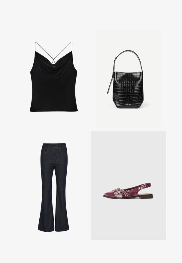 Sort ærmeløs top lavet af blødt stof, med et cowl halsudskæring og tynde justerbare stropper med et unikt krydsdesign på ryggen.; Mørkeblå flagrende jeans lavet af denim. Har frontlommer, synlige sømme og en knaplukning i taljen. Glat tekstur.; Vinrød læder slingback-sko med spids tå, der har dobbelte spænderemme og en flad sort sål for stabilitet.; Sort spandtaske i krokodillepræget læder med enkelt skulderrem og lille sølvfarvet mærkelogo foran nederst i midten.