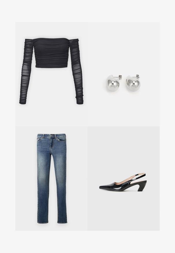 Μαύρο crop top χωρίς ώμους φτιαγμένο από διάφανο ύφασμα με μακριά, ραβδωτά μανίκια. Διαθέτει εφαρμοστή γραμμή με λεία υφή.; Σκούρα μπλε τζιν παντελόνι με κανονική γραμμή. Περιλαμβάνει βρόχους για ζώνη, δύο εμπρόσθιες τσέπες και διακριτική φθορά. Κλασικός σχεδιασμός πέντε τσεπών.; Μαύρες παρμενισωμένες γόβες slingback με μυτερή μύτη, χαμηλό τακούνι και σχεδιασμό με κοψίματα στα πλάγια. Λείος υφασμάτινος τερματισμός και απλές γραμμές.; Ασημένια σκουλαρίκια με στρογγυλές, ανακλαστικές επιφάνειες; μινιμαλιστικός σχεδιασμός με λείο υφή και διακριτική λεπτομέρεια branding.