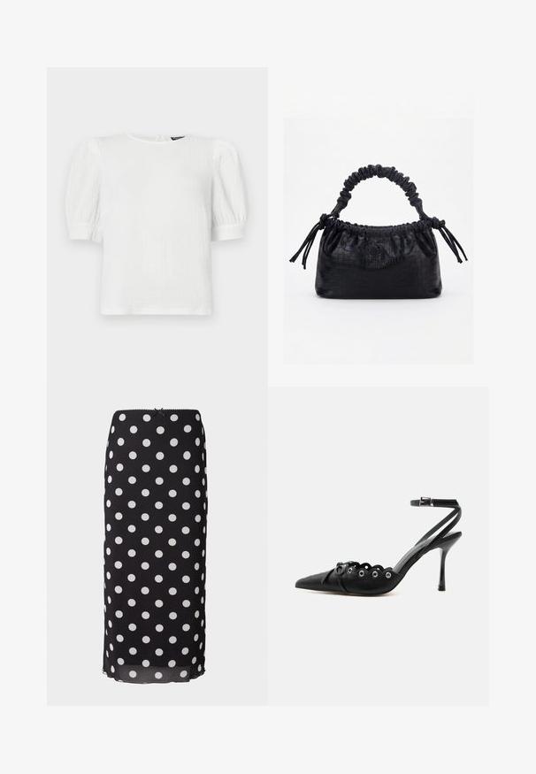 Hvid tekstureret kortærmet top med rund halsudskæring, med puffede ærmer og et subtilt krøllet design.; Sort midiskirt med prikket mønster lavet af letvægtsstof med hvide cirkulære mønstre, som har en tætsiddende talje og en subtil scalloped kant.; Sort spids hæl med bølgede kanter, metaløjer, snørelukning foran og ankelrem med spænde.; Sort taske med krokodilletekstur, rynket øverste kant, samlet hank og snore med kvaster på hver side mod en hvid baggrund.