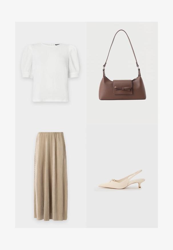 Hvid tekstureret kortærmet top med rund halsudskæring, med puffede ærmer og et subtilt krøllet design.; Plisseret beige midi-skjørt med elastisk talje, der har lodrette striber og en flydende silhuet for nem bevægelse.; Spidsnæbbede slingback sko i off-white læder, med en lille sløjfedetalje og en lav kitten heel. Glat tekstur, minimalistisk design.; Brun skuldertaske i læder med en frontlomme med klap, der har en sydd sløjfedetalje, og en justerbar rem.