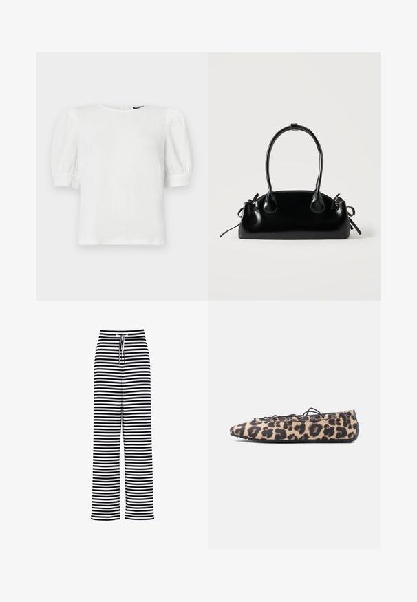 Top blanc texturé à manches courtes avec un col rond, présentant des manches bouffantes et un design subtilement froissé.; Pantalon large à rayures horizontales noires et blanches avec une taille élastique à cordon de serrage.; Chaussure plate en tissu imprimé léopard, lacets noirs passant à travers des œillets en métal, et semelle en caoutchouc flexible sur fond blanc.; Petit sac à main noir brillant avec deux longues anses et des détails à cordon sur les côtés sur un fond clair uni.
