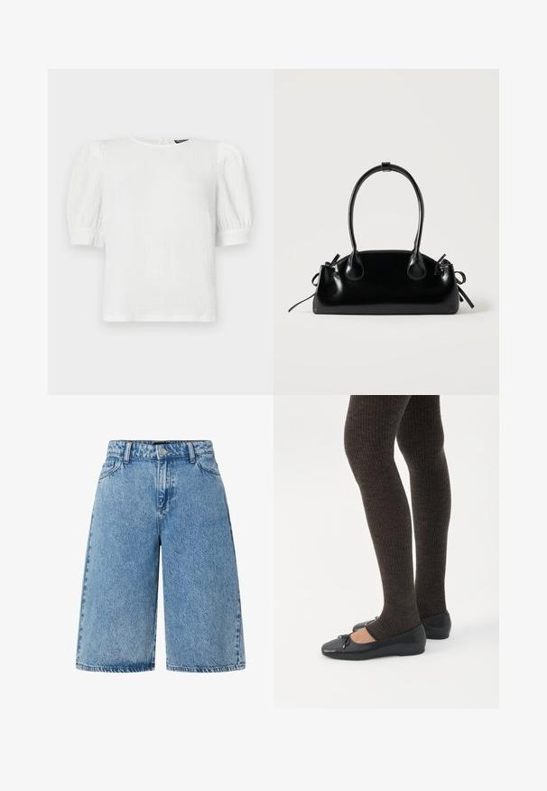 Hvid tekstureret kortærmet top med rund halsudskæring, med puffede ærmer og et subtilt krøllet design.; Lysblå denimshorts med en bred skæring, standard fem-lomme design og et struktureret stof med en falmet finish.; Ben iført mørke ribbede leggings kombineret med sorte balletsko med små sløjfedetaljer på hvid baggrund.; Lille sort blank håndtaske med to lange håndtag og snøre-detaljer i siden på en ensfarvet lys baggrund.