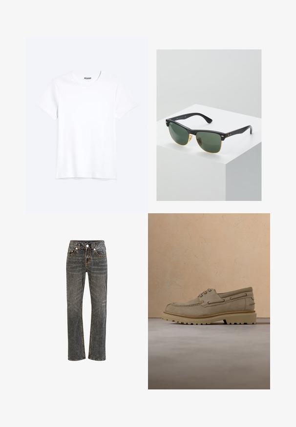T-shirt blanc uni à manches courtes et col rond avec une étiquette de la marque WEEKDAY visible au niveau du col, présenté sur un fond clair.; Jean en denim noir avec une coupe droite, arborant des coutures orange contrastantes, cinq poches et une fermeture à boutons à la taille.; Chaussure décontractée beige en daim à lacets avec une semelle épaisse et rainurée, présentée en suspension au-dessus d'une surface texturée beige assortie et d'un arrière-plan.; Lunettes de soleil Ray-Ban avec des verres verts, monture en plastique noir et accents dorés sur les bords. Forme carrée avec une finition mate.