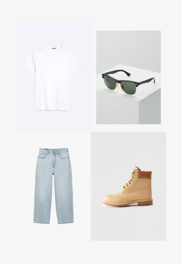 Schlichtes weißes T-Shirt mit kurzen Ärmeln und Rundhalsausschnitt mit gut sichtbarem WEEKDAY-Label am Kragen, dargestellt auf hellem Hintergrund.; Hellblaue hoch taillierte Jeans mit geraden Beinen, vorn mit Knopf, Reißverschluss, Gürtelschlaufen und Fünf-Taschen-Design auf weißem Hintergrund.; Hellbraune Leder-Ankle-Boots mit gepolstertem Kragen, goldenen Ösen, braunen Schnürsenkeln und dicker Profilsohle auf hellem, einfarbigem Hintergrund.; Ray-Ban Sonnenbrillen mit grünen Gläsern, schwarzen Kunststoffrahmen und goldenen Akzenten an den Rändern. Quadratische Form mit matter Oberfläche.