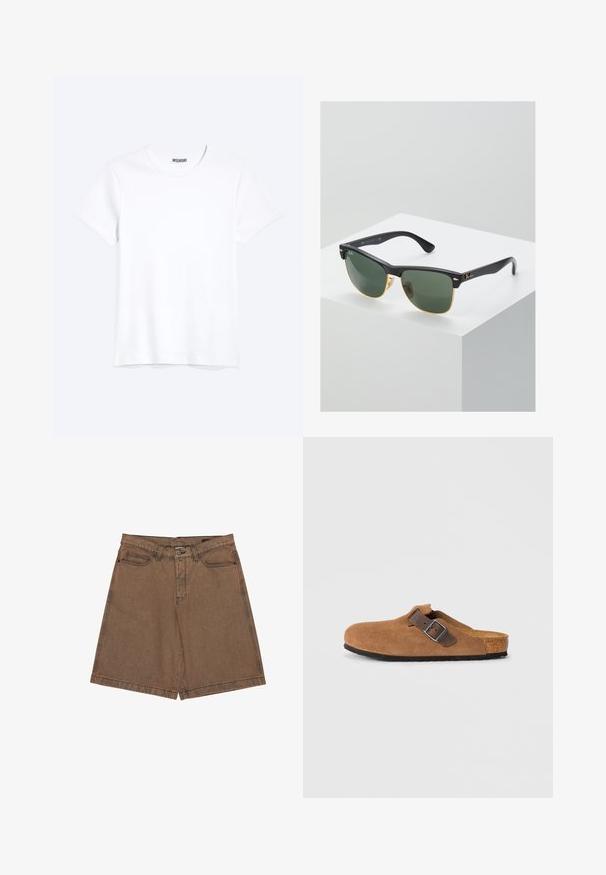 T-shirt blanc uni à manches courtes et col rond avec une étiquette de la marque WEEKDAY visible au niveau du col, présenté sur un fond clair.; Shorts en denim marron à coupe droite, avec de grandes poches latérales, un détail de logo sur la ceinture, et des coutures contrastées le long des coutures.; Sabots en cuir suédé marron avec une sangle en cuir marron réglable et une boucle en métal argenté, dotés d'une semelle intérieure en liège moulé et d'une semelle en caoutchouc texturé.; Lunettes de soleil Ray-Ban avec des verres verts, monture en plastique noir et accents dorés sur les bords. Forme carrée avec une finition mate.