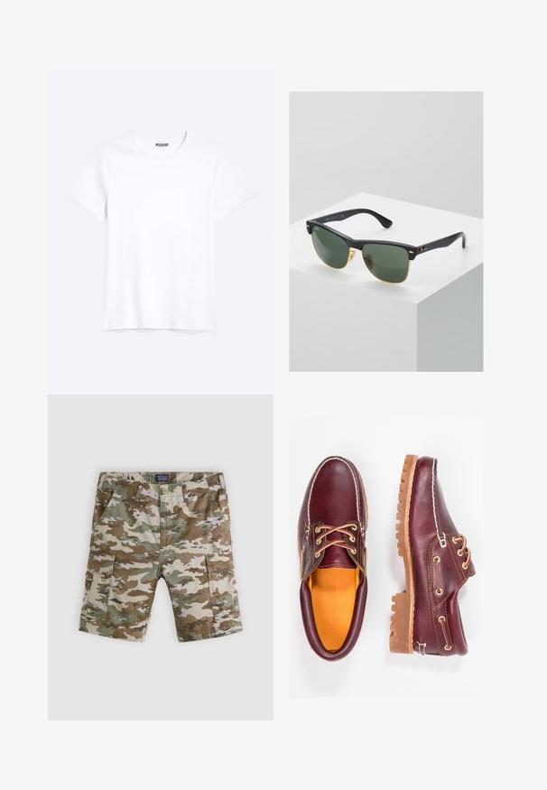 T-shirt blanc uni à manches courtes et col rond avec une étiquette de la marque WEEKDAY visible au niveau du col, présenté sur un fond clair.; Shorts cargo camouflage avec passants pour ceinture, poches latérales et fermeture par boutons, présentés sur un fond gris clair.; Chaussures en cuir bourgogne avec semelles en caoutchouc marron, bout rond, couture blanche et œillets dorés. L'intérieur présente une doublure jaune.; Lunettes de soleil Ray-Ban avec des verres verts, monture en plastique noir et accents dorés sur les bords. Forme carrée avec une finition mate.