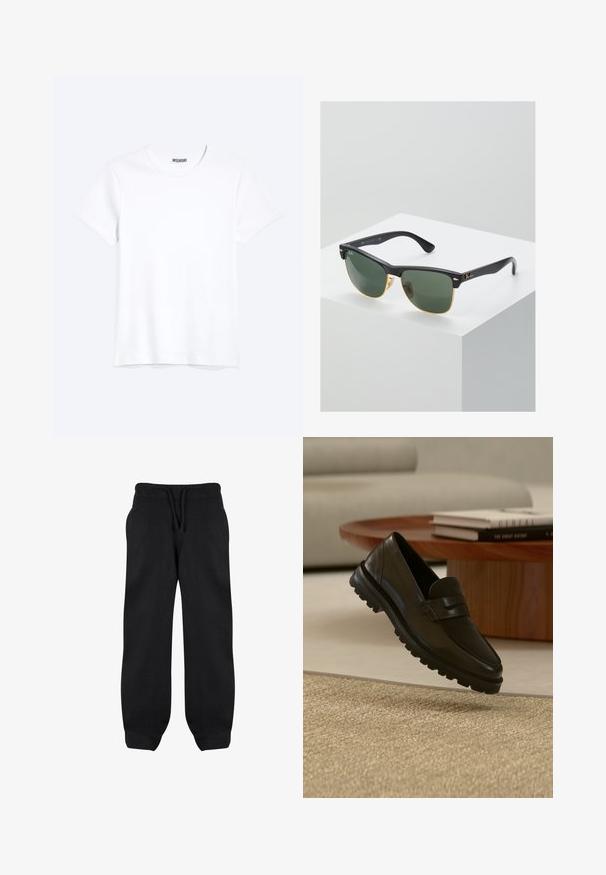 Camiseta blanca lisa de cuello redondo y manga corta con una etiqueta visible de la marca WEEKDAY en el cuello, mostrada sobre un fondo claro.; Pantalones de chándal negros con cintura elástica, cordón y bolsillos laterales. Fabricados con una tela suave, tienen un corte holgado y tobillos ajustados.; Mocasín negro de cuero con suela gruesa y dentada flotando sobre una alfombra beige texturizada, mesa de café redonda de madera y libros apilados en el fondo.; Gafas de sol Ray-Ban con lentes verdes, montura de plástico negro y acentos dorados en los bordes. Forma cuadrada con acabado mate.
