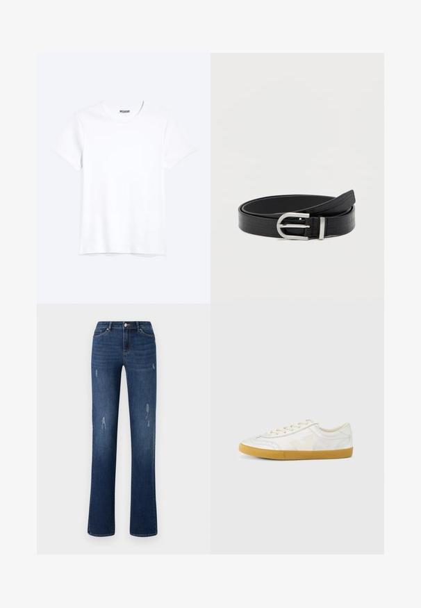 Lihtne valge lühikeste varrukatega ümar-kaelusega T-särk, millel on kaelas nähtav WEEKDAY brändi silt, esitatud heledal taustal.; ONLY ONLWAUW MID WAIST - Liibuvad teksad - dark blue denim; Valge nahast tennisejalanõu siidise tekstuuriga, millel on beež 'V' logo, ümara ninaga, paelaga kinnitatav ja kummeeritud tald.; Must musta nahkrihm krokodillimustriga ja hõbedane ümmargune pandla, keeratud lihtsalt valge tausta peale.