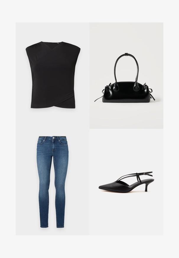 Sort kortærmet top med indpakningsdesign, lavet af glat stof. Har en V-hals og strukturerede skuldre for en moderne silhuet.; Tætsiddende jeans i mørkeblå denim med fem lommer, en frontknap og lynlås. Stoffet har en glat tekstur med let falmning.; Sort læder spids tå kitten heel med tynd ankelrem og spænde, slingback design, på en ensfarvet lys baggrund.; Lille sort blank håndtaske med to lange håndtag og snøre-detaljer i siden på en ensfarvet lys baggrund.