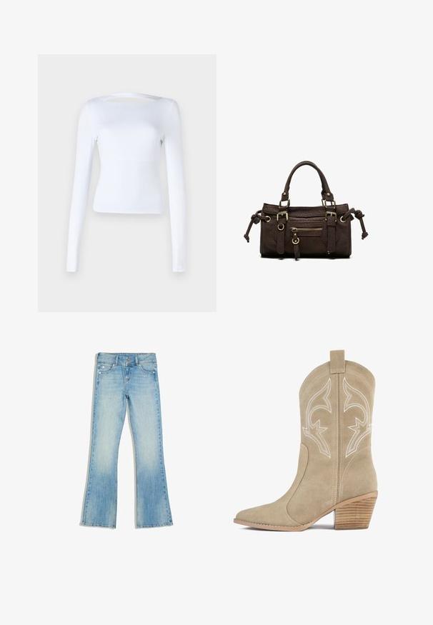 Haut à manches longues blanc avec un décolleté carré et un détail découpé au dos. Fabriqué dans un tissu lisse et extensible. Conception ajustée.; Jean en denim bleu clair délavé avec une légère évasement, poches avant, passants de ceinture et double fermeture par boutons à la taille, posé à plat sur un fond blanc.; Botte de cowboy en daim beige avec bout pointu, couture décorative blanche, tige haute et talon en bois empilé.; Sac à main en cuir marron foncé avec double poignée, poche avant zippée, boucles décoratives et nœuds latéraux sur fond blanc.