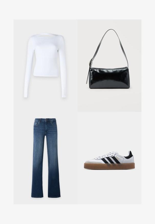 Weißes Langarmtop mit quadratischem Ausschnitt und Ausschnittdetails auf der Rückseite. Hergestellt aus einem glatten, dehnbaren Stoff. Enganliegendes Design.; Blaue High-Waist-Jeans mit geradem Bein, Knopf- und Reißverschluss, Vorder- und Gesäßtaschen, auf schlichtem, hellem Hintergrund dargestellt.; Weiße Leder Sneakers mit schwarzen Streifen, Gummigummi-Außensohle, runder Zehenform, Schnürverschluss und weichem grauem Wildleder-Zehenkappe.; Schwarze rechteckige Schultertasche mit einem verstellbaren Riemen und einem oberen Reißverschluss vor einfachem Hintergrund.