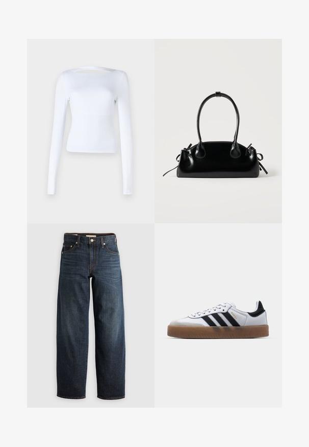 Top blanco de manga larga con escote cuadrado y detalle recortado en la parte posterior. Fabricado en una tela suave y elástica. Diseño ajustado.; Jeans oscuros de denim, con un diseño de pierna recta, estilo de cinco bolsillos, y acentos de costura superior con cierre de botón.; Zapatillas de cuero blancas con rayas negras, suela de goma, puntera redonda, cierre de cordones y caperuza de ante gris suave.; Pequeño bolso negro brillante con dos asas largas y detalles de cordón lateral sobre un fondo claro liso.