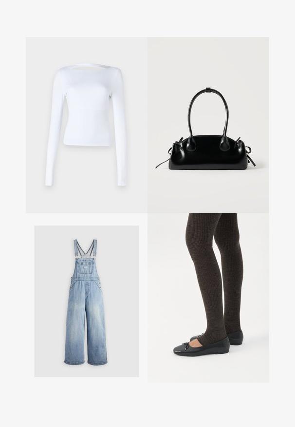 Haut à manches longues blanc avec un décolleté carré et un détail découpé au dos. Fabriqué dans un tissu lisse et extensible. Conception ajustée.; Salopette en denim bleu clair avec des jambes larges, bretelles réglables, poche avant et boutons en métal sur les côtés. Style classique avec une coupe décontractée.; Jambes portant des leggings côtelés foncés associés à des ballerines noires avec de petits détails en nœud sur fond blanc.; Petit sac à main noir brillant avec deux longues anses et des détails à cordon sur les côtés sur un fond clair uni.