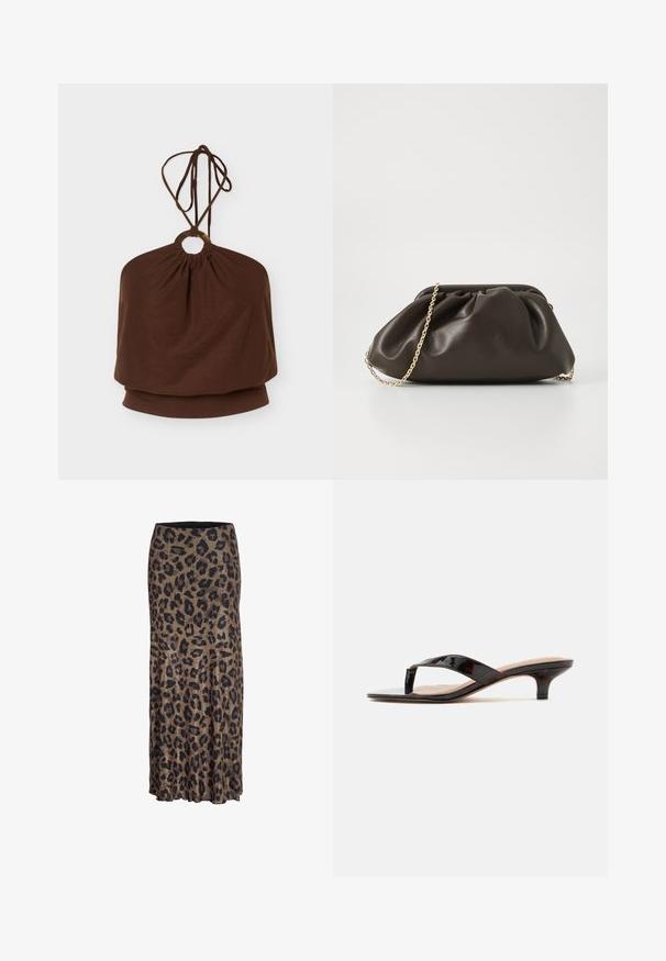 Bruin haltertop met een ronde metalen ring aan de halslijn en verstelbare strikbandjes, losse pasvorm rond de torso.; Leopardprint rok in bruin en zwart, met een vloeiende vormgeving en een subtiele ruffle zoom, gemaakt van lichte, zachte stof.; Glanzende donkere schildpad kittenheel-sandaal met teenslippersriempjes en kleine gebogen hak op een effen achtergrond.; Bruine leren handtas met een geaccentueerd ontwerp, gouden kettinghengsel en een zachte, textuurafwerking. Compacte vorm geschikt voor avondgebruik.