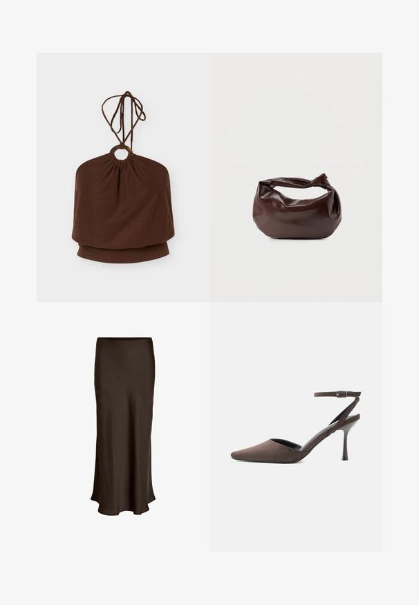 Bruin haltertop met een ronde metalen ring aan de halslijn en verstelbare strikbandjes, losse pasvorm rond de torso.; VILA VIELLETTE HW MIDI SKIRT - NOOS - Maxirok - coffee bean; Bruine suède hoge hakken met spits toelopende neus, dunne enkelriem en zilveren gesp op een witte achtergrond.; Donkerbruine leren schoudertas met een zachte, slungelige vorm en een gedraaide knoopvormige handgreep op een effen witte achtergrond.