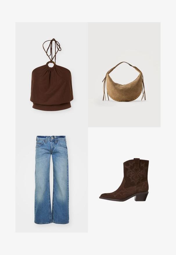 Brun halterneck-top med en rund metalring ved halsudskæringen og justerbare bindebånd, løs pasform omkring overkroppen.; Lys blå vidde jeans i denimstof, med en blegning, fem lommer og en knaplukning med bæltestropper.; Brune ruskinds cowboystøvle med spids tå, dekorative syninger, ankelhøjde og en stablet hæl. Har en pull tab for nem påtagning.; Brun ruskind crescentformet håndtaske med kort håndtag, gyldne nitter langs kanterne og læderkvaster på begge sider.