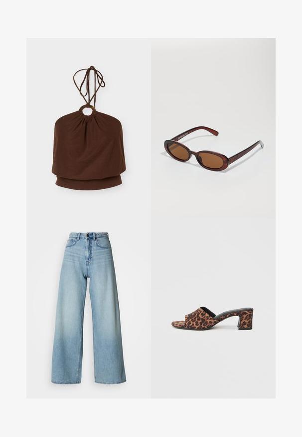 Top marron à col licou avec un anneau métallique rond à l'encolure et des bretelles réglables à nouer, coupe ample autour du torse.; Jean bleu clair de style taille haute à jambes larges, en denim, avec un design à cinq poches et un délavage subtil pour la texture.; Mules à talons hauts en imprimé léopard avec une large bande supérieure, bout ouvert et un tissu texturé. Design à talon bloc et semelle noire contrastante.; Lunettes de soleil rondes teinte brun avec une monture bordeaux brillante. Branches fines avec un détail de marque subtil. Design de verres plats.