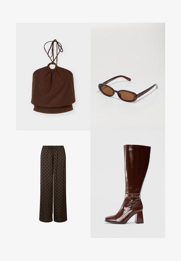 Top marron à col licou avec un anneau métallique rond à l'encolure et des bretelles réglables à nouer, coupe ample autour du torse.; Pantalons larges marron avec des pois noirs, dotés d'une taille élastique et d'un cordon de serrage réglable. Tissu doux avec une texture lisse.; Bottes en cuir verni marron jusqu'aux genoux avec un bout carré, finition brillante et un talon épais pour la stabilité. Design sans couture sans matériel visible.; Lunettes de soleil rondes teinte brun avec une monture bordeaux brillante. Branches fines avec un détail de marque subtil. Design de verres plats.