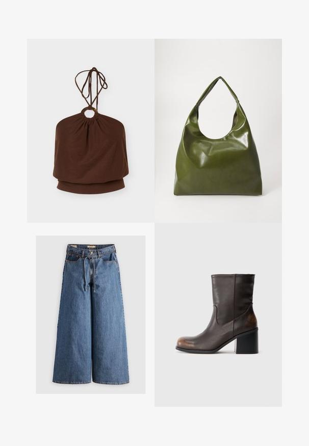 Hnedý halter neck top s okrúhlym kovovým krúžkom na výstrihu a nastaviteľnými viazacími remienkami, voľný strih okolo trupu.; Džínsy s širokými nohavicami v stredne modrej farbe, s vysokým pásom, sťahovacím pásom, piatimi vreckami a kontrastným prešívaním.; Tmavo hnedá kožená čižma po koleno s okrúhlou špicou a blokovým podpätkom, s jemnými opotrebovanými detailami na špičke a päte.; Zelená kožená hobo taška so uvoľneným dizajnom, zakriveným držadlom a hladkým povrchom. Neobsahuje žiadne viditeľné kovania ani akcenty.