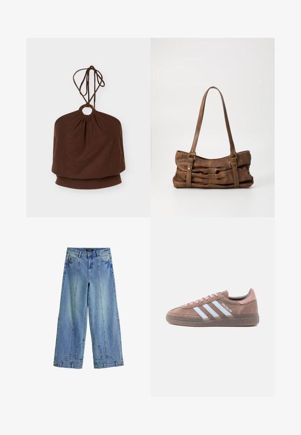 Brun halterneck-top med en rund metalring ved halsudskæringen og justerbare bindebånd, løs pasform omkring overkroppen.; Lysblå, brede jeans i denim med høj talje, markante syninger og lappe-lignende detaljer på baglommerne.; Brun ruskindssneaker med lyserøde accenter, der har tre hvide striber, en tekstureret sål og rund tå.; Even&Odd Håndtasker - brown