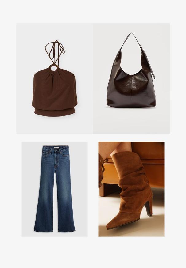 Hnedý halter neck top s okrúhlym kovovým krúžkom na výstrihu a nastaviteľnými viazacími remienkami, voľný strih okolo trupu.; Džíny s voľným strihom v tmavomodrom denime, s vysokým pásom, piatimi vreckami a kontrastným prešívaním pozdĺž švov a v páse.; Hnedé semišové voľné polokozačky po stred lýtka so špicatými špičkami a vysokými podpätkami, ktoré nosí osoba sediaca na svetlohnedej koženej pohovke.; Tmavohnedá lesklá kožená kabelka cez rameno s jedným širokým popruhom a prackou na jednej strane, na jednoduchom svetlom pozadí.