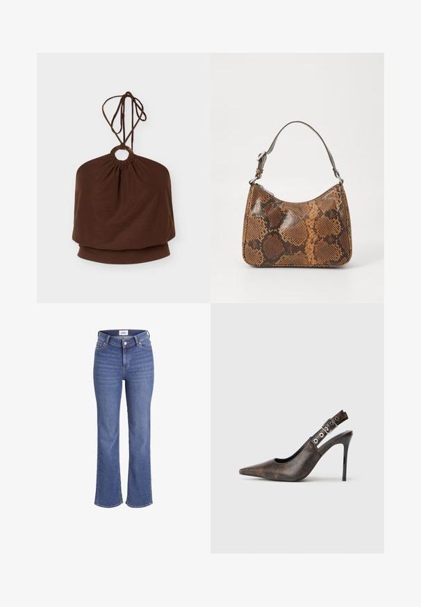 Braunes Neckholder-Top mit einem runden Metallring am Ausschnitt und verstellbaren Bindebändern, lockere Passform am Oberkörper.; Dunkelblaue Denim-Jeans mit hoher Taille, weitem Bein und einem traditionellen Fünf-Taschen-Design. Merkmale sind sichtbare Nähte und ein vorderer Knopfverschluss.; Braune Leder-Pump mit spitzer Zehenpartie und Slingback, verstellbarem Schnallenriemen sowie schwarzem Stilettobocker auf einfarbigen Hintergrund.; Kleine Handtasche mit braunem und schwarzem Schlangenledermuster, kurzem verstellbarem Tragegurt und Reißverschluss.