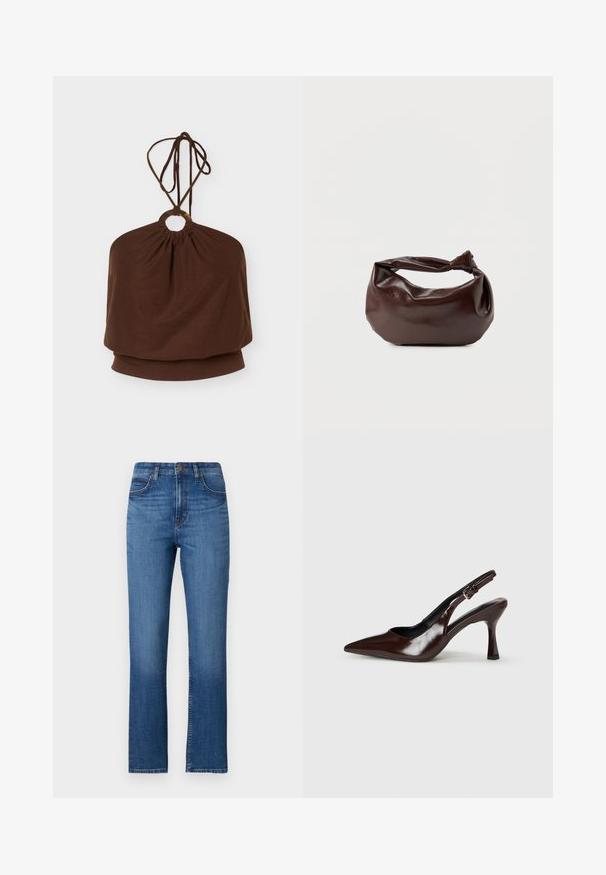 Braunes Neckholder-Top mit einem runden Metallring am Ausschnitt und verstellbaren Bindebändern, lockere Passform am Oberkörper.; Blaue Denim-Jeans mit geradem Bein, hoher Taille, fünf Taschen und dezenter Naht entlang der Nähte. Glatte Textur.; Braune lackleder Slingback-Absätze mit spitzem Zehen, einem dünnen Absatz und einem verstellbaren Riemen mit einer kleinen Schnalle.; Dunkelbraune Lederschultertasche mit weicher, lockerer Form und einem gedrehten Knotengriff vor schlichtem weißem Hintergrund.