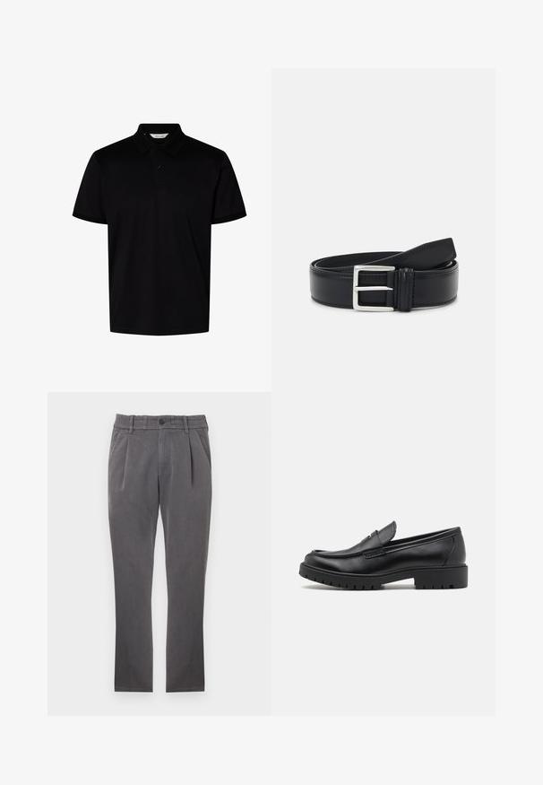 Polo noir à manches courtes avec col et deux boutons au niveau de l'encolure, présenté sur un fond blanc uni.; Pantalon gris à coupe droite. Présente des plis à l'avant, une ceinture élastique et une fermeture à bouton unique. Texture de tissu lisse.; Mocassins en cuir noir avec un bout arrondi, un design à enfiler et une semelle en caoutchouc épaisse avec une texture antidérapante. Talon surélevé et détails de surpiqûre subtils.; Ceinture en cuir noir avec une boucle en argent, design plat, texture lisse et couture contrastante le long du bord.