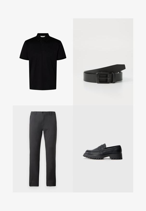 Sort kortærmet polo skjorte med krave og to knapper ved halsudskæringen, vist på en ensfarvet hvid baggrund.; Sorte bukser lavet af glat stof, med lige ben design, frontlommer og knaplukning. Minimalistisk og alsidig stil.; Sorte læder loafers med en rund tå, prydet med en dekorativ rem og en kraftig gummisål med dybe riller for grip.; Sort læderbælte med spænde i mat sort metal, der har en glat tekstur og enkelt design. Justerbar længde med en tilspidset ende.