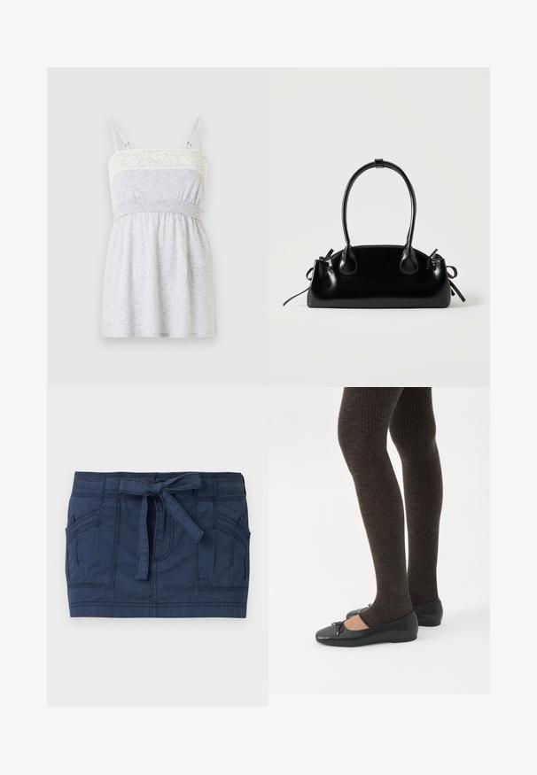 Robe grise claire sans manches avec encolure bordée de dentelle, fines bretelles réglables et taille froncée avec élastique.; Mini-jupe bleu marine avec grandes poches avant et ceinture en tissu nouée à la taille, en coton texturé.; Jambes portant des leggings côtelés foncés associés à des ballerines noires avec de petits détails en nœud sur fond blanc.; Petit sac à main noir brillant avec deux longues anses et des détails à cordon sur les côtés sur un fond clair uni.