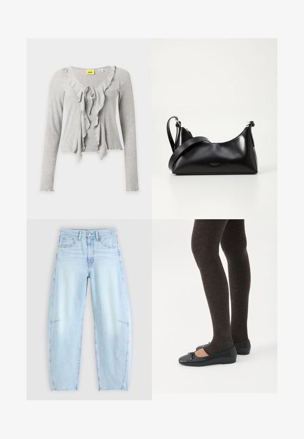 Lichtgrijze geribbelde cardigan met lange mouwen, gerafelde voorranden en een strik bij de hals, in een cropped pasvorm.; Lichtblauwe denimjeans met een ontspannen pasvorm, voorzien van een hoge taille, vijf-pocketontwerp en subtiele vervaging met rafelige zoomdetails.; Benen met donkere geribbelde leggings gecombineerd met zwarte ballerina's met kleine strikdetails op een witte achtergrond.; Zwarte leren handtas met een gladde textuur. Beschikt over een verstelbare schouderband en een strak, minimalistisch ontwerp met een ritssluiting.