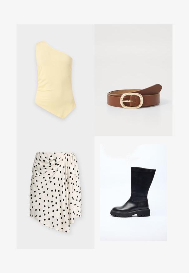 Haut asymétrique jaune pâle à une épaule, sans manches, avec un ourlet asymétrique, présenté sur un fond gris clair uni.; Jupe asymétrique blanche à pois noirs avec un détail drapé sur un côté sur un fond uni.; Botte noire en cuir jusqu'au genou avec une semelle épaisse, conçue avec une texture lisse, un bout arrondi et une silhouette minimaliste.; Ceinture en cuir marron avec une boucle ovale en or et des détails cousus. Texture lisse avec un design minimaliste et une extrémité effilée.