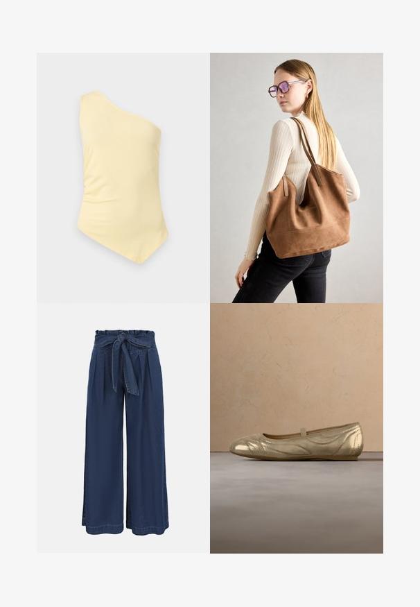Haut asymétrique jaune pâle à une épaule, sans manches, avec un ourlet asymétrique, présenté sur un fond gris clair uni.; Pantalon bleu marine taille haute à jambes larges, avec un devant plissé et une ceinture en tissu nouée à la taille.; Ballers dorées métalliques avec des coutures, une sangle élastique, un bout rond et une texture lisse, sur un fond gris texturé.; Sac fourre-tout en daim marron avec une texture douce, grande ouverture et longues sangles. Présente un design simple avec des coutures visibles et sans matériel.